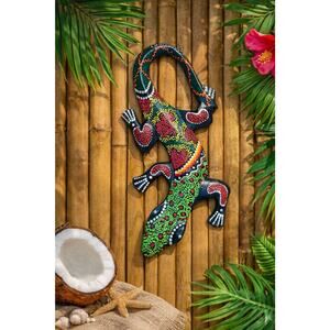 Vintage Jamaican Hand Carved Wooden Gecko Lizard Wall Art 12” V.R. Collections